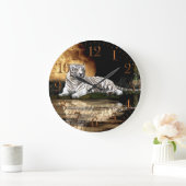 白いトラ及び月の大きな猫の動物愛好家の柱時計 ラージ壁時計 (ホーム)