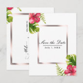 白いトロピカルハイビスカスの葉でSave the Date 案内ポストカード (正面/裏面)