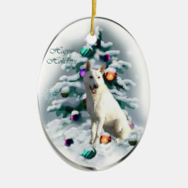 白いドイツの羊飼いのクリスマス セラミックオーナメント