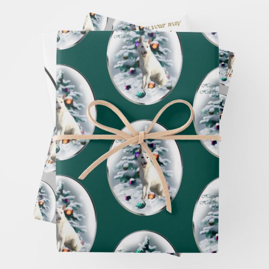 白いドイツの羊飼いのクリスマス ラッピングペーパーシート (インサイチュ)