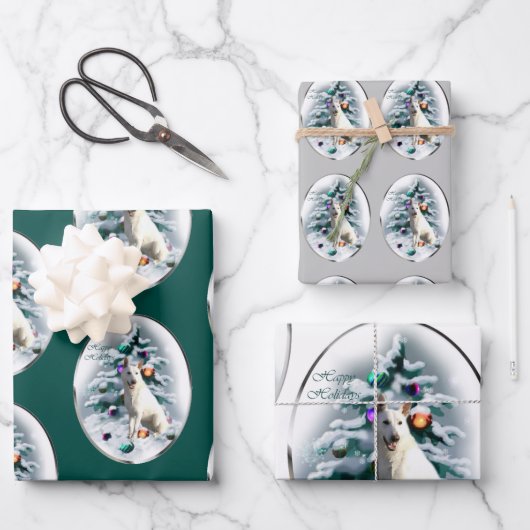 白いドイツの羊飼いのクリスマス ラッピングペーパーシート (正面)