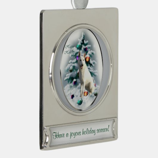 白いドイツの羊飼いのクリパーソナライズされたスマス シルバープレートバナーオーナメント (右)