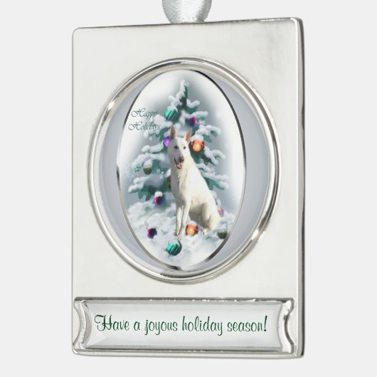 白いドイツの羊飼いのクリパーソナライズされたスマス シルバープレートバナーオーナメント (左)