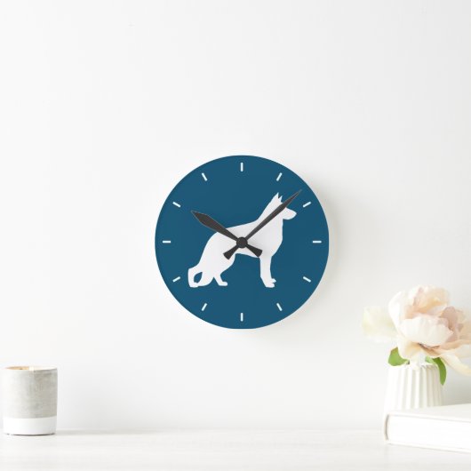 白いドイツの羊飼い犬GSD K9シルエット ラウンド壁時計 (ホーム)