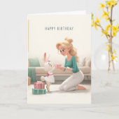白いドレスのウサギが金髪の女性に誕生日プレゼントを贈る カード (黄色い花)