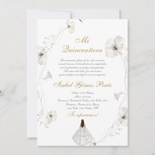 白いドレスのキンセアニエラ シルエット スペイン語 招待状 (正面)