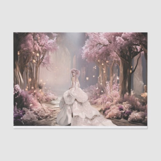白いドレスの女性、ライラックの桜の肖像画アート 薄葉紙 (正面)