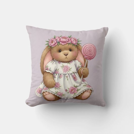白いドレスを着たウサギとピンクの棒つきキャンデー クッション (正面)