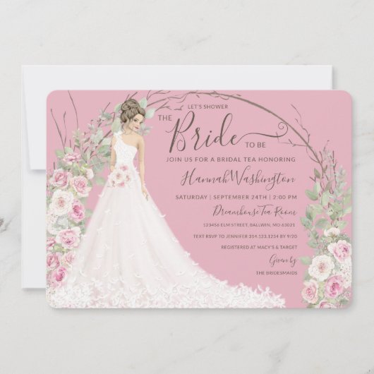白いドレスを着た花嫁ブライダルティーシャワー 招待状 (正面)
