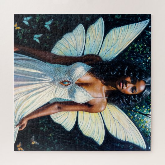 白いドレスを着た黒い女の絵を描妖精 ジグソーパズル (横)