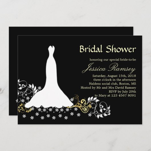 白いドレ結婚スが黒いブライダルシャワーに渦巻く 招待状 (正面/裏面)