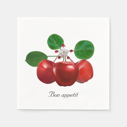 白いナプキンに赤い新鮮リンゴ スタンダードカクテルナプキン (正面)