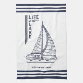 白いネイビーブルーの生活は湖で良い キッチンタオル (縦)