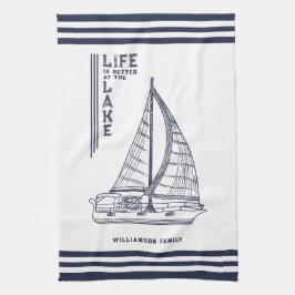 白いネイビーブルーの生活は湖で良い キッチンタオル