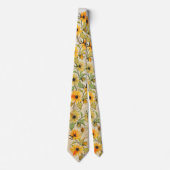 白いネックタイに手描きのゴールデンひまわり ネクタイ (正面)