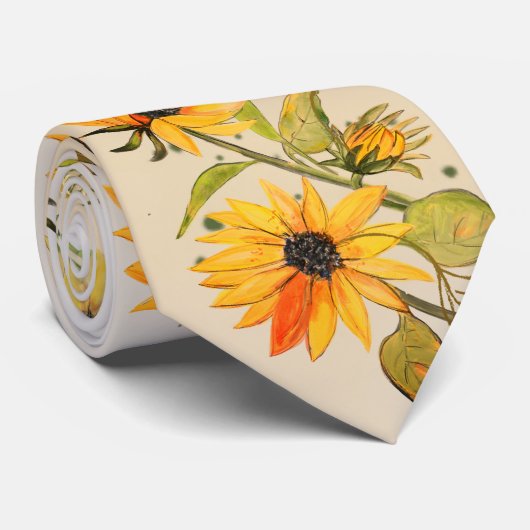 白いネックタイに手描きのゴールデンひまわり ネクタイ (ロール)