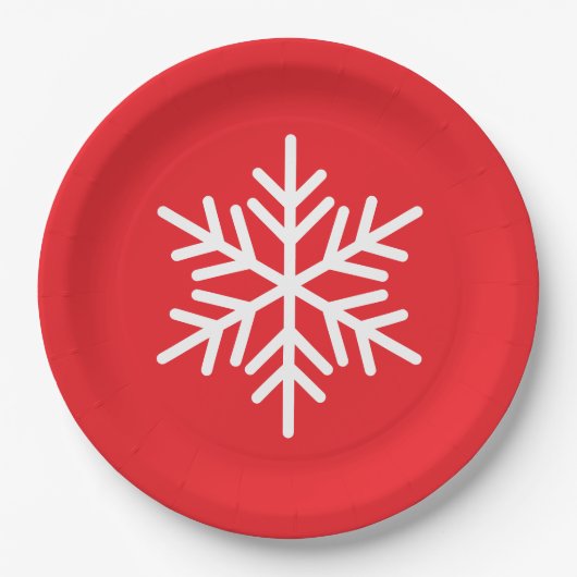 白いノルディック雪の結晶と鮮やかな赤 Festive Fun ペーパープレート (正面)