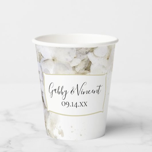 白いハイドレンチアの花の水彩画ウェディング 紙コップ (正面)