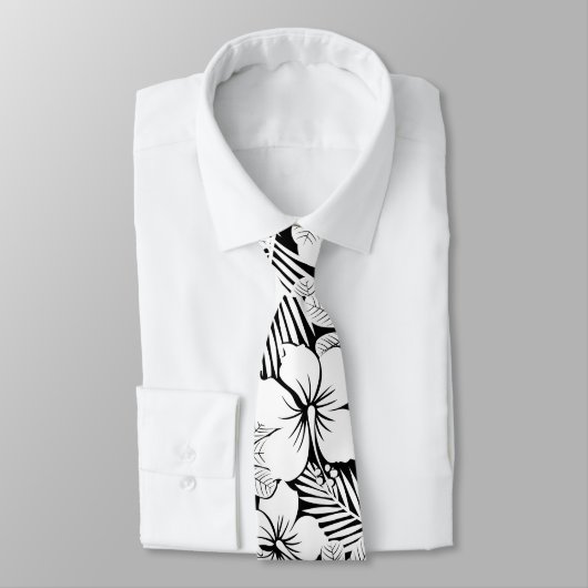 白いハイビスカスとパーム葉の ネクタイ (タイ)