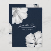 白いハイビスカス 青いトロピカル セーブ・ザ・デート 案内ポストカード (正面/裏面)