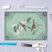 白いハナミズキの緑の枠の上にウグイスフランスの鳥 薄葉紙 (クラフト)