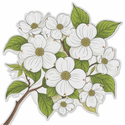 白いハナミズキの花の房が枝に シール (正面)