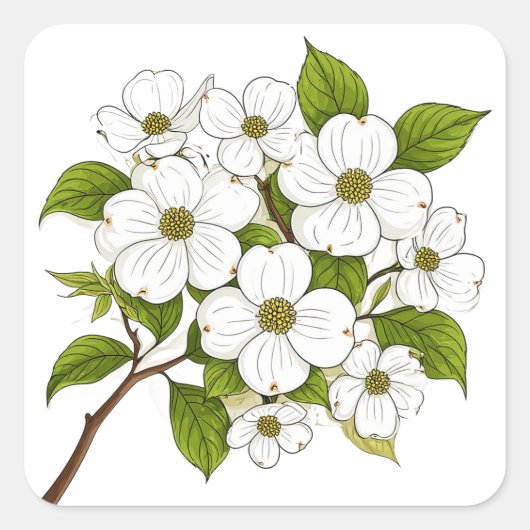 白いハナミズキの花の房が枝に スクエアシール (正面)