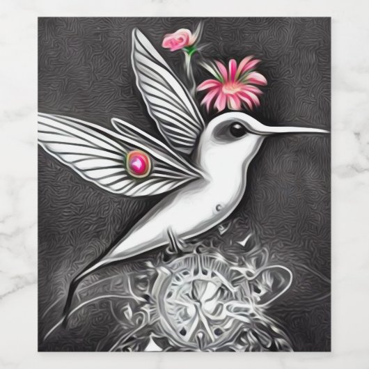 白いハミングバードとピンクの花 ワインラベル (シングルラベル)