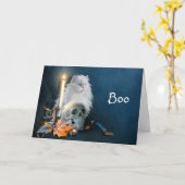 白いハロウィーン猫 カード (黄色い花)