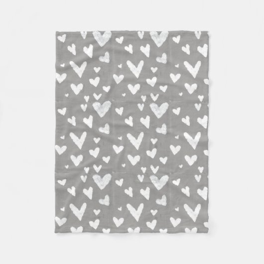 白いハートとの灰色 フリースブランケット (正面)
