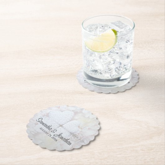 白いハートと牡丹結婚の花 ペーパーコースター (インサイチュ)