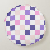 白いハートと紫の格子模様を持つ紫 ラウンドクッション (裏面)