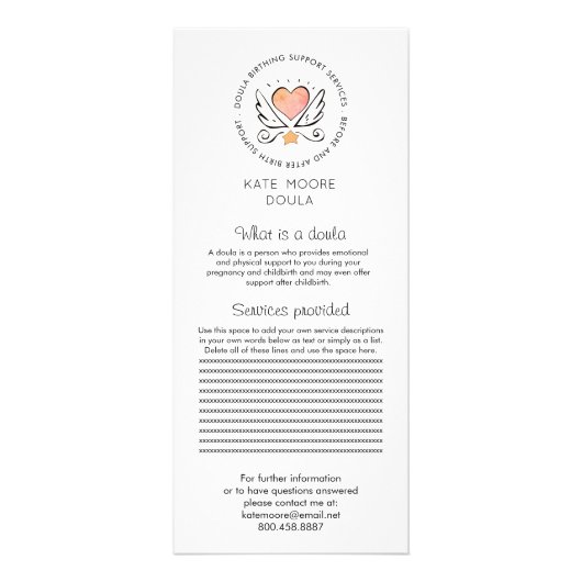 白いハートと羽のドゥーラまたは助産師 ラックカード (正面)