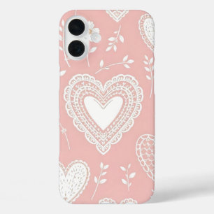 白いハートと花のパステルピンク iPhone 16 PLUSケース