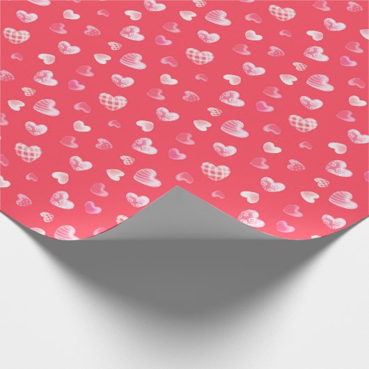 白いハートのロマンチックな珊瑚赤の模様 ラッピングペーパー (角)