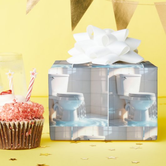 白いバスルームに溢れるトイレ ラッピングペーパー (誕生日パーティー)