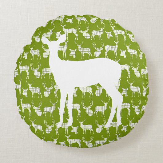 白いバックと雌鹿の丸い枕と緑の鹿 ラウンドクッション (正面)