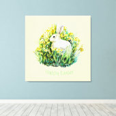 白いバニーと花、ハッピーイースター キャンバスプリント (インサイチュ (ウッドフロア))