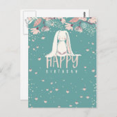 白いバニーと花 |ハッピーバースデー ポストカード (正面/裏面)