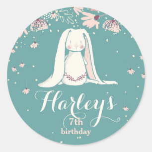 白いバニーと花 子供の誕生日 ラウンドシール
