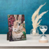 白いバニーの前草の緑の写真ラビットメモリアル フォトプラーク (側面)