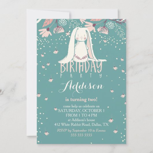 白いバニー及び花|のピンク及びティール（緑がかった色）の子供の誕生日 招待状 (正面)