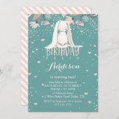 白いバニー及び花|のピンク及びティール（緑がかった色）の子供の誕生日 招待状 (正面/裏面)