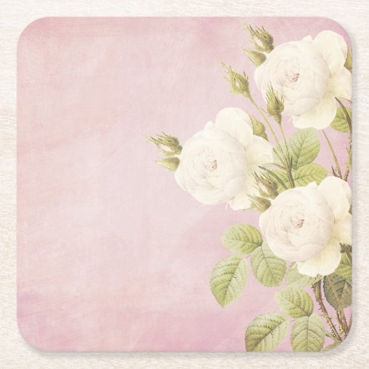 白いバラが付いているピンクの背景 スクエアペーパーコースター (正面)