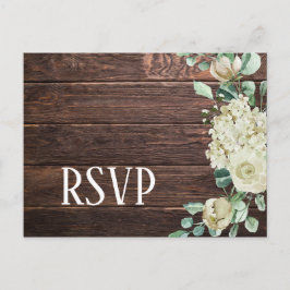 白いバラとアジサイの花のダークウッド ウェディングRSVP インビテーションポストカード
