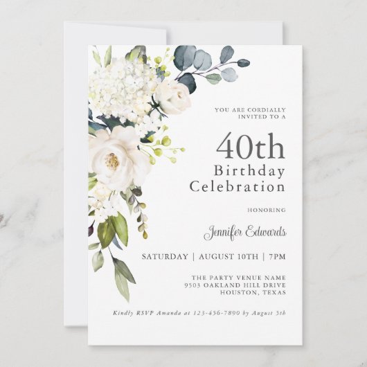 白いバラとアジサイエレガント40歳の誕生日 招待状 (正面)