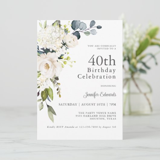 白いバラとアジサイエレガント40歳の誕生日 招待状 (スタンド正面)