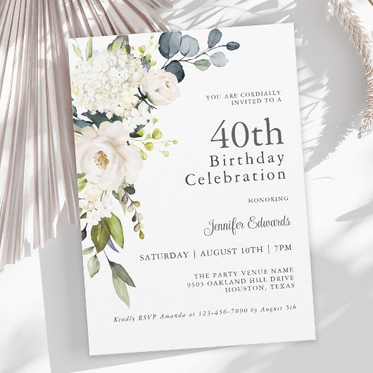 白いバラとアジサイエレガント40歳の誕生日 招待状