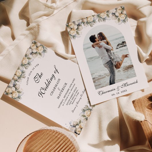 白いバラとアーチ写真エレガントな結婚式 招待状