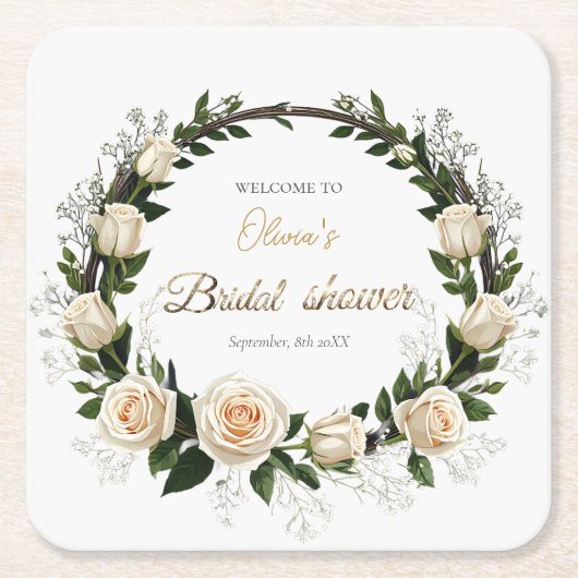 白いバラとカスミソウのギフト スクエアペーパーコースター (正面)